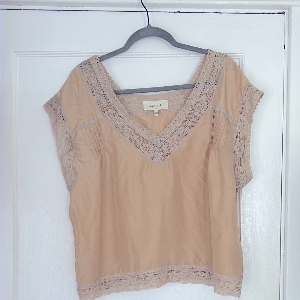 The Great Tan Silk and Lace Trim Blouse